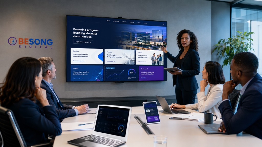BESONG Digital website presentation in a modern boardroom