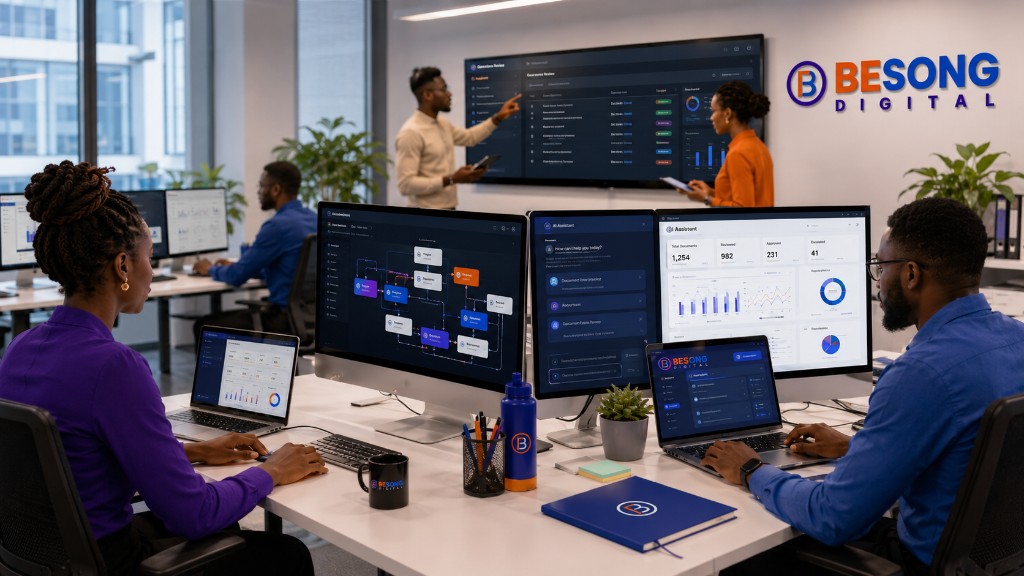 BESONG Digital AI, automation and analytics team working with dashboards and AI assistants