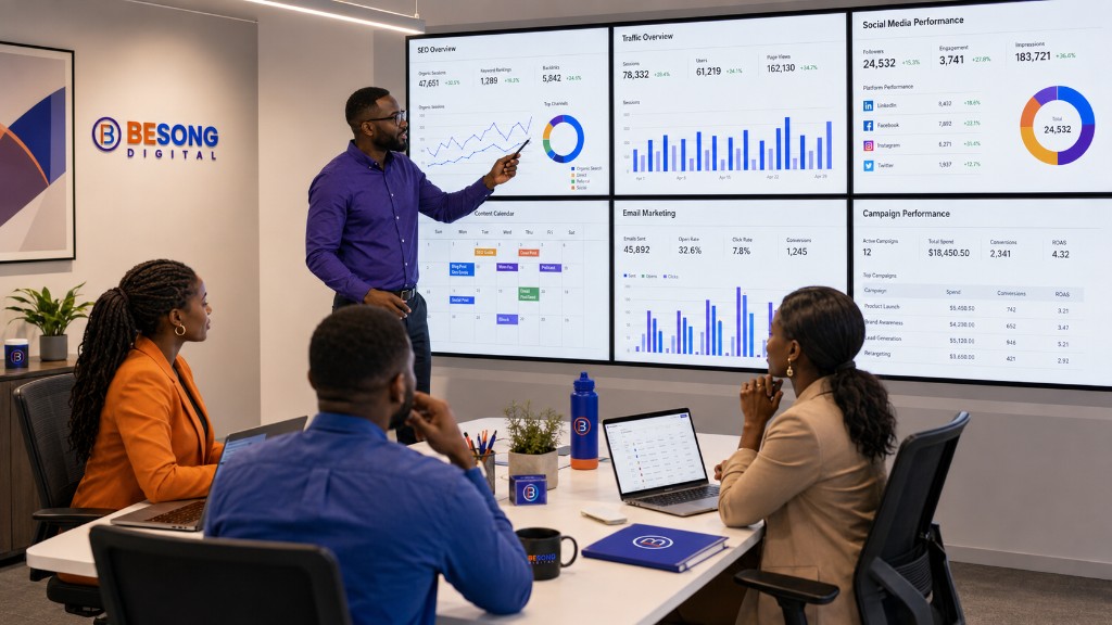BESONG Digital marketing and growth team reviewing performance dashboards